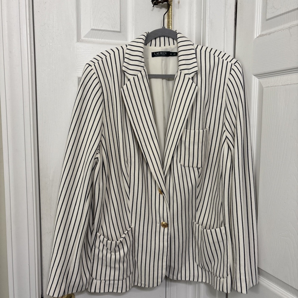 Lauren Ralph Lauren Striped Blazer Cotton Pique White Black 18W 478691